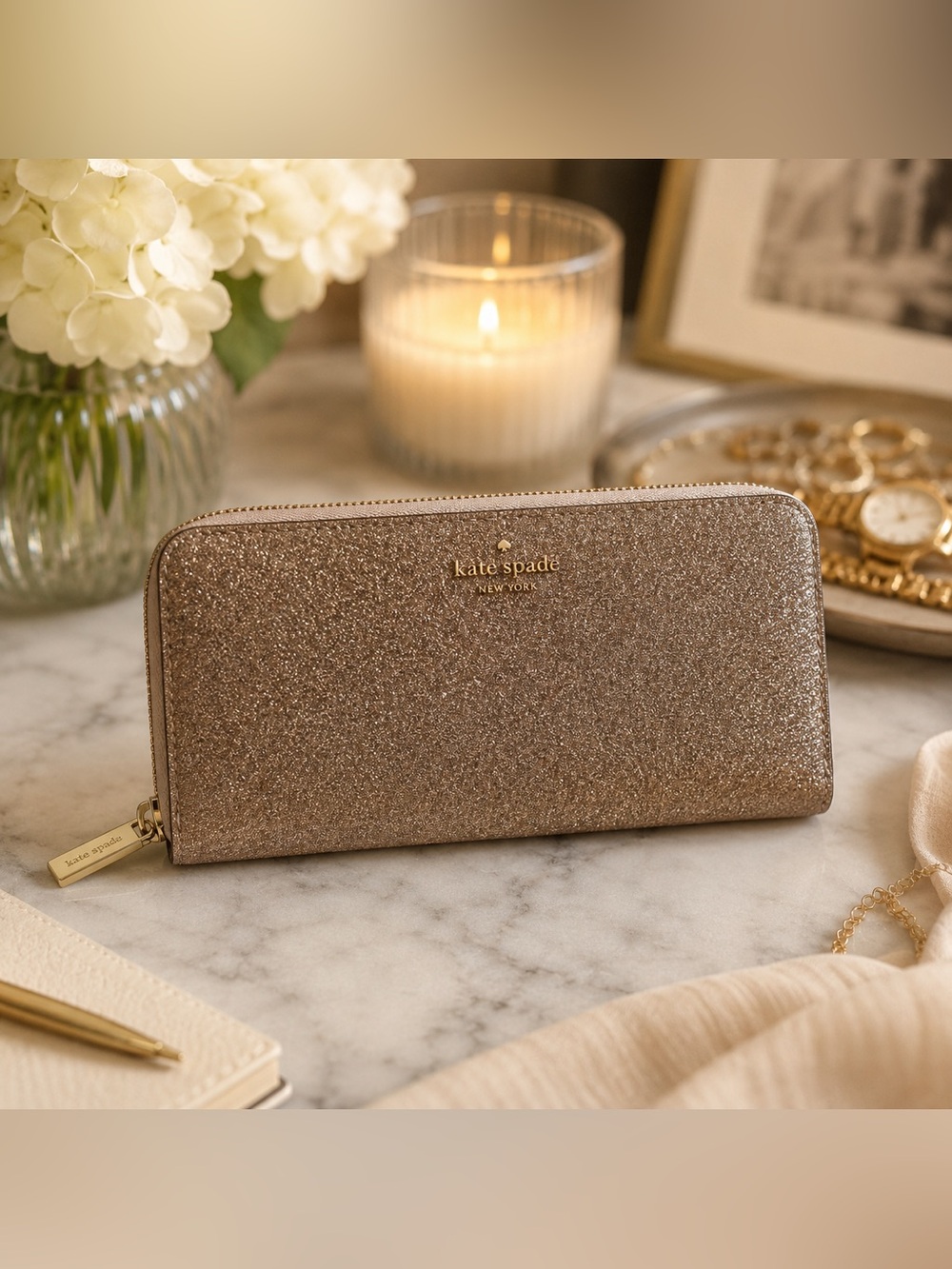 Kate Spade Shimmy Glitter Rose Gold Zip Around Continental Wallet